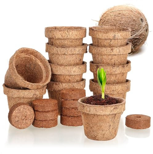 com-four® Juego de Cultivo de Coco de 20 Piezas - Discos de Coco biodegradables en una Maceta - Ayuda para el Cultivo Que Incluye 10 tabletas hinchables y 10 Macetas - Soporte para el Cultivo