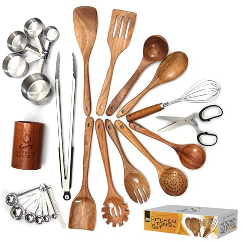 Kitchen Utensils Set - 25 pcs Wooden Utensils Set - Nonstick Wooden Spoons for Cooking - Wooden Kitchen Utensils set with Measuring Cups and Spoons Set - Kitchen Shears - Apartment Essentials