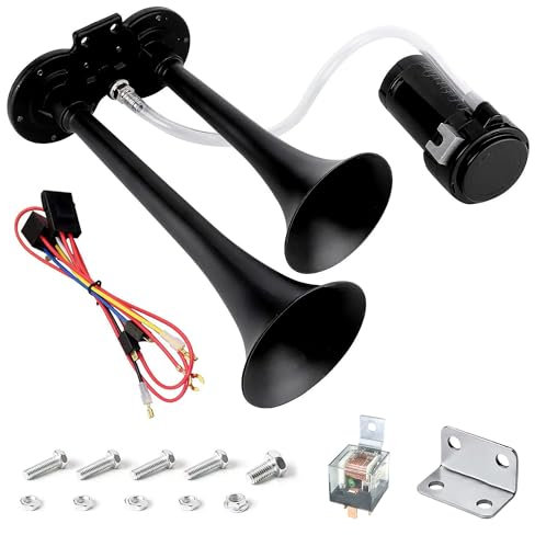 12V 150db LKW Hupe, Schwarz Super Laut Doppelrohr Horn Lufthorn Kit mit Kompressor für Alle 12V Fahrzeuge LKW Lörries Züge Boote Cars Vans Motorrad