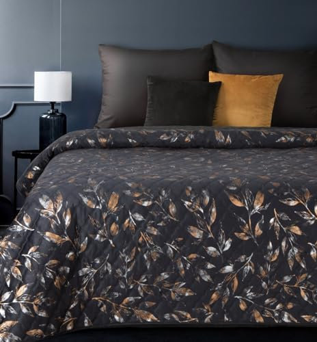 Eurofirany Schwarze Tagesecke Blink 1 mit goldenem Muster Doppelbett Samt Gold Blätter Luxuriöse Decke Glamour Dekorativer Bettüberwurf (Schwarz 1, 170 x 210 cm)