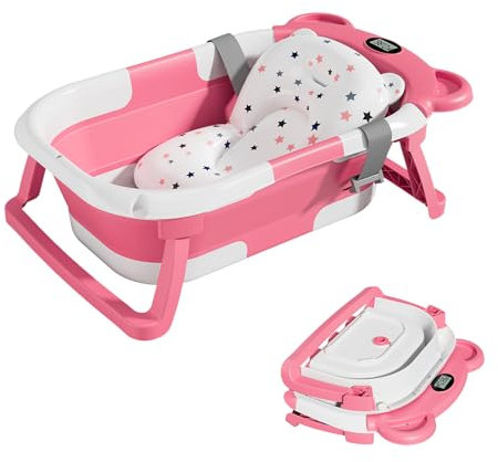 Itslife Bañera para bebé, Bañera Plegable Bebé, Bañera de viaje portátil, Bañera plegable para bebé con alfombrilla de asiento con cojín de apoyo, adecuada para recién nacidos de 0 a 36 meses Rosa