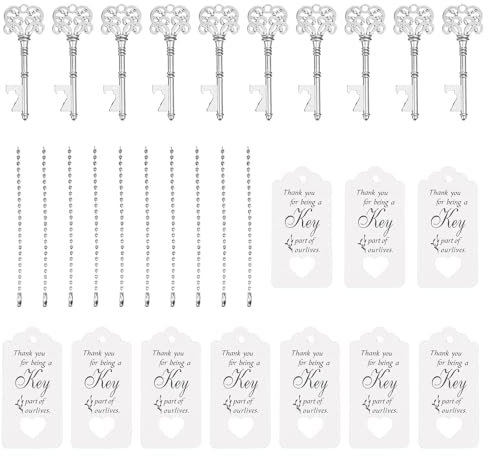PATIKIL 10 Pcs Vintage Key Bottle Openers, 2.8 x 1.0 Inch with Card Key Chains for Wedding Party Favors Rustic Decoration, Silver, White