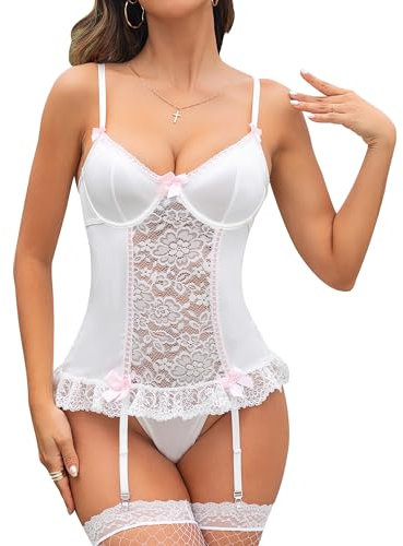 Aranmei Conjuntos de Lencería para Mujer, Body Sexy de Encaje Floral con Liguero, Ropa interior Babydoll con Cuello en V con Medias, blanco, XL