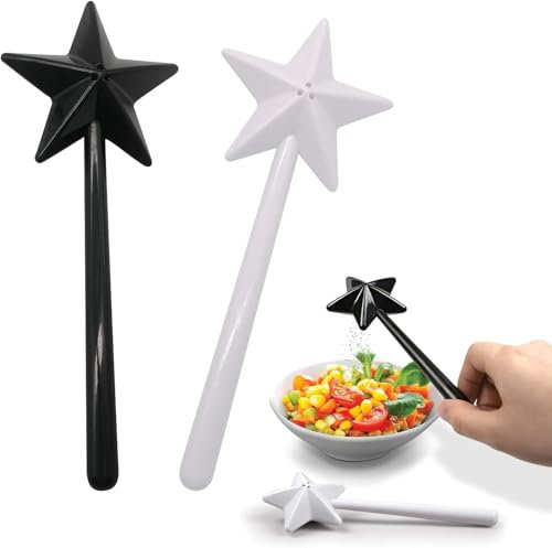 Wondora Pack of 2 Star Pepper Seasoned Wand Salt and Pepper Shakers, Refillable Wand Salt and Pepper Shakers, Magic Wand Spice Shaker for The Kitchen (Black - White)