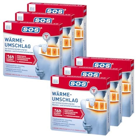 SOS Wärme-Umschlag (6x2 Umschläge) - Schmerzlinderung bei Muskel- & Gelenkschmerzen, Beschwerden im Nacken & Schulterbereich - löst Verspannungen - bis zu 8 Stunden Wärme