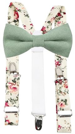 Set mit Fliege und Hosenträgern aus Baumwollmischgewebe für Kinder und Jungen, Hosenträger mit Fliege und cremefarbenem Blumenmuster, Bow Tie: Length 10cm, width 5cm