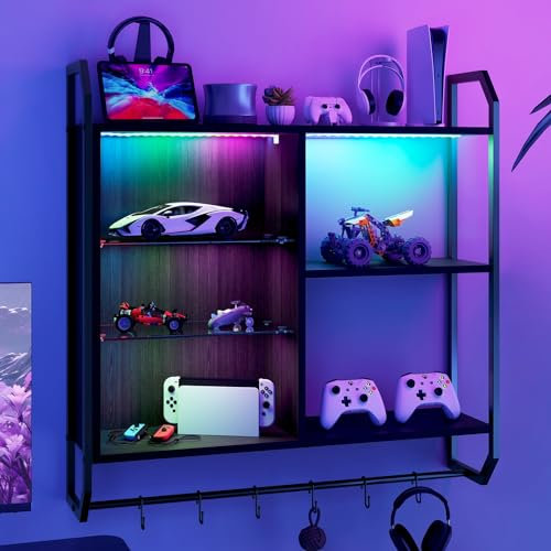 LED-Holzrohrregal mit verstellbarem Glasregal, schwebende Regale für Wand, Bücherregal mit 6 Haken, ideal für Schlafzimmer, Spielzimmer, Bar, 83 cm, Schwarz