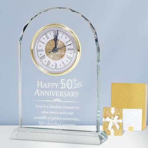 Top-spring Golden Wedding, Desk Clock With Card, 50th Anniversary Wedding Gifts for Couple, Parents & Grandparents, Quartz Clock Anniversary Decorations for 50 Years of Marriage
