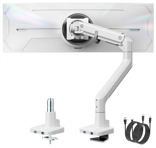 monTEK Einzelner Monitorarm mit USB A/C, Ultrabreiter Monitorständer für 17 bis 57 Zoll gebogenen Bildschirm, hält 26,9 kg, verstellbarer Gasfederarm, 75/100 VESA-Halterung, Klemme & Tülle