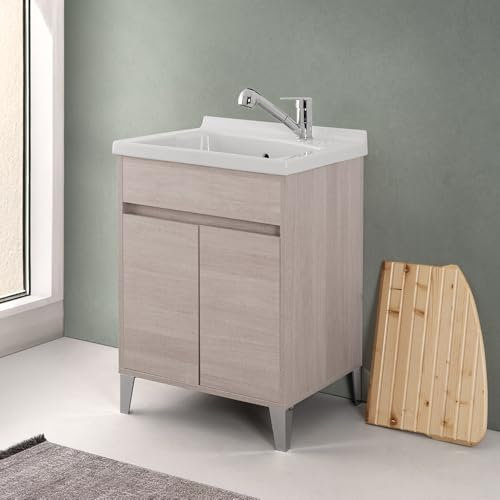 Mobile Lavatoio 60x50 Cm Rovere Chiaro Way Con Vasca In Ceramica Dolomite, Struttura Già Montata In Legno Nobilitato Con 2 Ante E Apertura A Gola Asse Non Inclusa