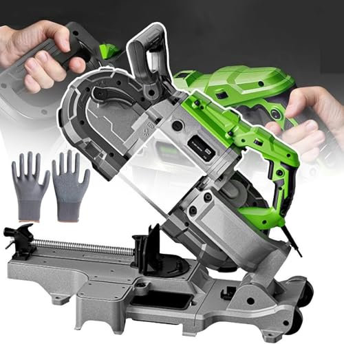 Scie à Ruban Portative 1100W+Gants,Base Amovible En Acier Allié Avec Roues,Scie à Ruban Filaire-Double Interrupteur/6 Vitesses RéGlables,Pas D'éTincelles Chaudes Lors Coupe Du MéTal,Green