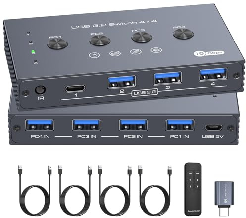 PVBCTCSID Conmutador USB 3.2 de 10 Gbps, 4 computadoras, 4 periféricos, conmutador USB de 4 puertos para mouse, teclado, impresora con control remoto y cables
