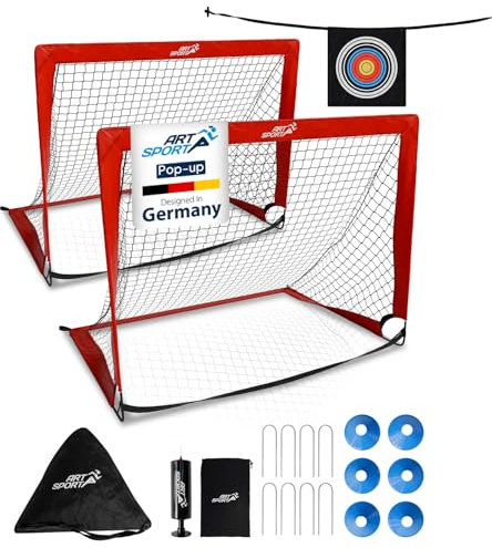 ArtSport Pop-up Fußballtor Goal Master - 2er Set mit Zubehör - faltbar & schnell spielbereit - 2 Fußballtore Indoor & Garten - Fußball Tor - Rot