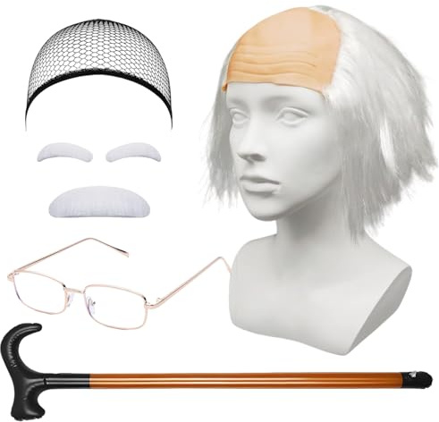 Opa Kostüm Halbglatze Perücke Set - Halloween Weißer Glatze Perücke Herren | Weißer Glatze, Schnurrbart Zum Ankleben, Opa Brille, Alter Mann Kostüm, Karneval, Cosplay, Rentner Kostüm