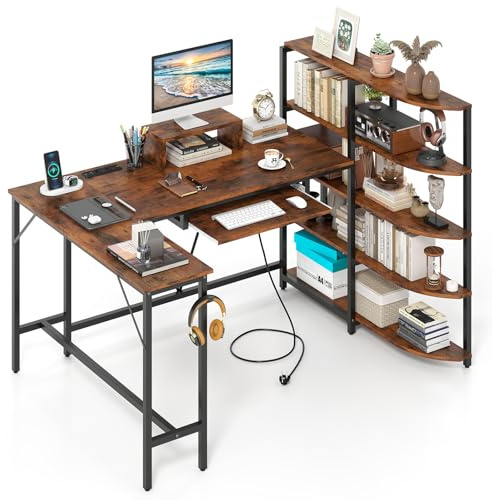 LIFEZEAL Scrivania angolare con scomparti portaoggetti, porta di ricarica USB e presa di corrente, tavolo da lavoro a forma di L con cassetto per tastiera, scrivania per computer per ufficio a casa