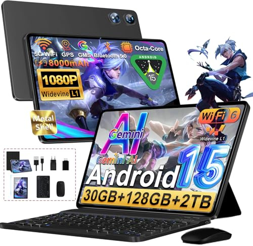 Android 15 Tablet 10 Pollici Con Octa-Core 2.0GHz, 30GB RAM 128GB ROM(TF 2TB Espandibile), Gemini AI tablet, 8000mAh, Widevine L1/ WIFI 5G/ GPS/Face ID/BT5.0/ Face ID,Tablets con Tastiera e Mouse-Nero