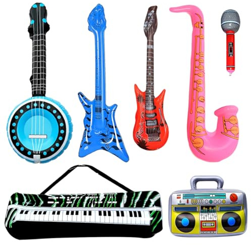 7pcs Aufblasbare Musikinstrumente Set - 55cm Gitarre, 70cm Saxophon & 65cm Banjo - Großformatige Party-Deko für Fotoshootings, Mottopartys & Erwachsenen-Events - Mit Luftpumpe & Premium-PVC
