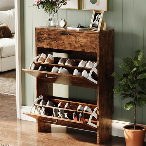 Bonnlo Shoe Cabinet, Freestanding Shoe Storage Cabinet with 1 Drawer and2 Doors, Shoe Cupboard with Silver Handles, Space-Saving Shoe Rack Cabinet, Dust-Proof Organiser for Entryway Hallway (Brown)