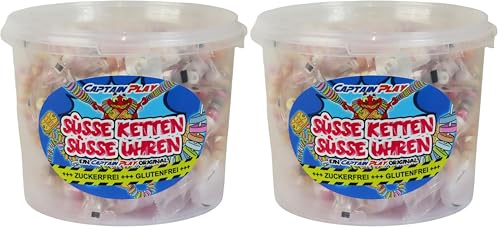 CAPTAIN PLAY Retro Süßigkeiten Box mit Süße Uhren und Süße Ketten ohne Zucker in Einzelverpackung, zuckerfreie Süssigkeiten, glutenfrei, 2er Pack (2 x 762g)