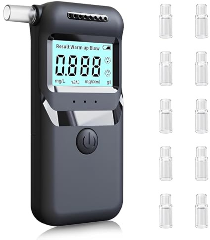 Tomedeks 1 Stück Alkoholtester, Promillemessgerät, Polizeigenau Alkoholmessgeräte mit 10 Mundstücken Blauer LCD-Anzeige Alkohol Tester für Den Einsatz zu Hause Oder Auf Partys