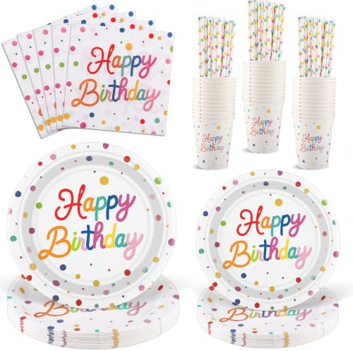 NatNarr 125 Pcs Birthday Plates and Napkins, Happy Birthday Party Supplies | Include 7 Cake Plates & 9 Dinner Plate 6.5 Napkins and Paper Cups Straws for Birthday's Party Decorations and Baby Shower