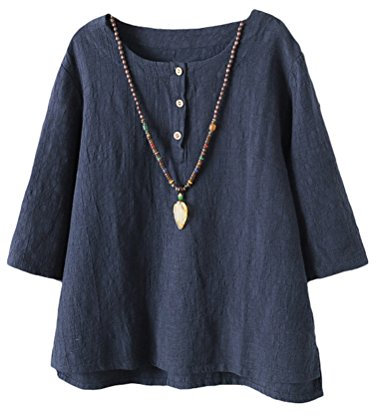 Vogstyle Women's New Cotton Linen Tunic Tee Shirt Jacquard Tops Navy L