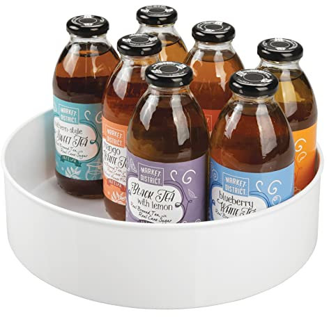 mDesign Lazy Susan Küchenregal – praktisches Gewürzregal für Küchenschrank – drehbarer Gewürzhalter aus Kunststoff – weiß