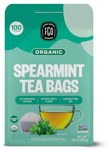FGO Organic Spearmint Leaf Tea, 100 Count, Eco-Conscious Tea Bags, Caffeine Free, Resealable Bag, Packaging May Vary (Pack of 1)