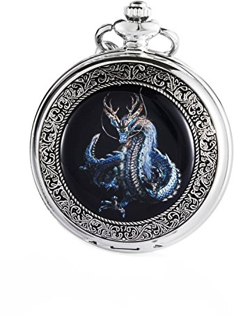 Carrie Hughes CHPW3 Herren-Taschenuhr, Motiv: Drachen, Steampunk, mechanisch, mit Kette