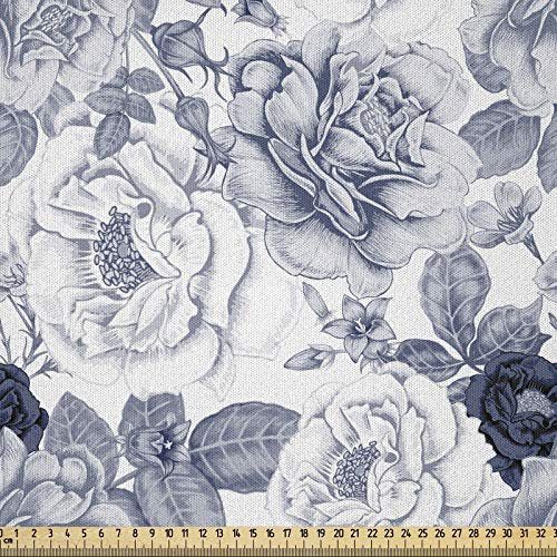 ABAKUHAUS Shabby Chic Stoff als Meterware, Garden Spring Roses, Microfaser Stoff für Dekoratives Basteln, 1M (230x100cm), Blau grau und Weiß