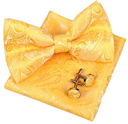 Alizeal Herren Retro Paisley vorgebundene Fliege, Einstecktuch und Manschettenknöpfe Set, Gelb