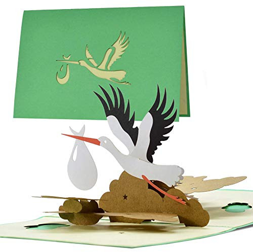 Karte Geburt Storch neutral|Pop up Glückwunschkarte Geburt für Mama und Papa|Baby Geschenk|Gutschein und Geschenk zur Geburt für Mädchen oder Junge|G23.1