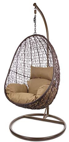Kideo Komplettset: Hängesessel mit Gestell & Kissen, Korbsessel, Poly-Rattan (Gestell- und Korbfarbe: braun, Kissen: braun Nest (7010_Hazelnut))