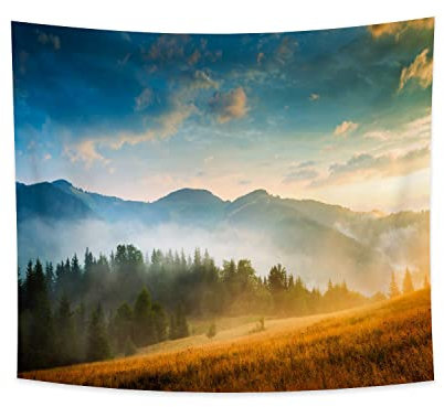 YongFoto 180x160cm Nebelwald Tapisserie, Nebelwald Berg Hang Sonnenuntergang Natur Landschaft 23 Wandbehang für Raum-Dekor Nieselregen Bäume Schlafzimmer Wohnzimmer Dorm Tapisserien