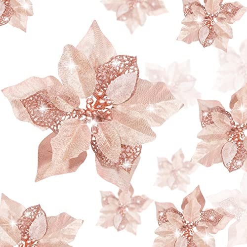 WILLBOND 36 Pieces Christmas Glitter Poinsettia Faux Flowers Christmas Flowers Decorations Wedding Xmas Tree New Year Ornaments (Rose Gold)