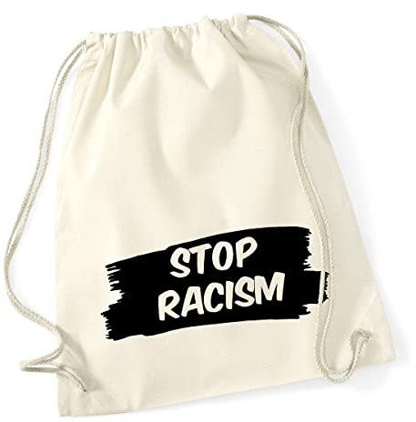 HUURAA Turnbeutel Stop Racism Liebe Rucksack Baumwolle 12 Liter Natural mit Friedens Motiv Geschenk Idee für Freunde und Familie