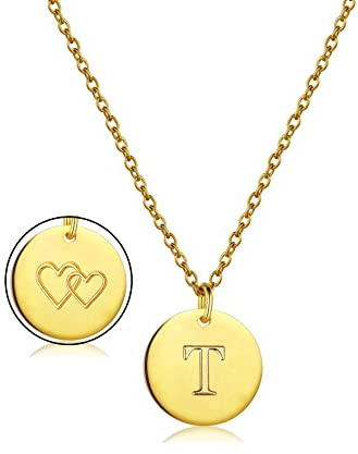 AJRUIER Kette Coin fur Damen,Gold Edelstahl Initialen Alphabet Buchstabe A-Z Paar Herzen Anhänger Halskette SchmuckI Buchstaben Kette mit Buchstabe