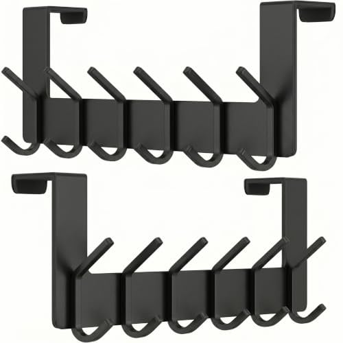 Over The Door Hooks – Heavy Duty Stainless Steel Door Hanger with 6 Double Hooks for Hanging Towels, Coats, Robes, Hats, Bags – No Drill Over Door Towel Rack for Bathroom & Bedroom (Black -2 Pack)