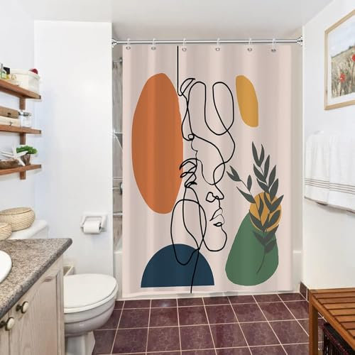 Uiiooazy Rideau Douche Visage Abstrait, Rideau de Douche Anti Moisissure Terracotta Géométrique Rideaux de Baignoire Tissu Imperméable Lavable Rideaux Salle de Bain avec 10 Crochets 150x200cm