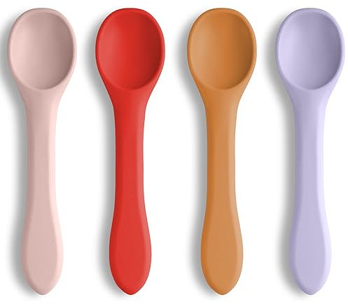 Vicloon Babylöffel,4 Stück Silikon Kinderbesteck, BPA Frei, Fütterungslöffel, Breilöffel, Säugling Beikost Esslöffel für Baby & Kleinkind Säugling Kinder-Rosa/Lila/Orange/Rot