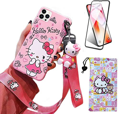 Ealievor Kompatibel mit iPhone 11 Pro Hülle mit Displayschutzfolie, Cartoon-Motiv, niedlich, lustig, Kawaii-Katze, Tierfigur, Handyhülle, Silikon, Umhängeband, 3D-Schutzhülle für Kinder, Mädchen und