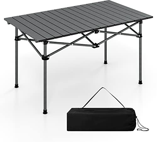 TANGZON Aluminum Folding Camping Table, Portable Picnic Table with Roll Up Tabletop & Carry Bag, 4-6 People Outdoor Dining Table for Garden Beach Hiking BBQ Parties (without Mesh Basket, Black)