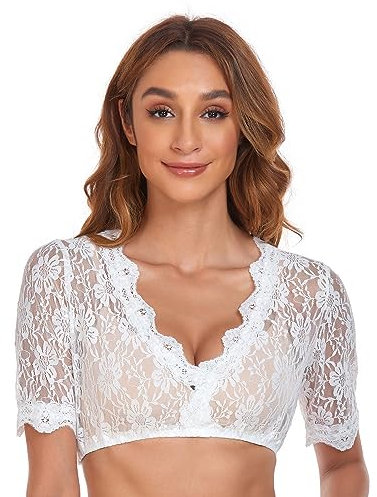 YUUGYD Trachten Damen Dirndlbluse Spitze - Weiß Dirndl Damen Dirndlbluse Kurzarm Oktoberfest Dirndlblusen Halbarm Tracht Bluse - 0098# Weiß - 42