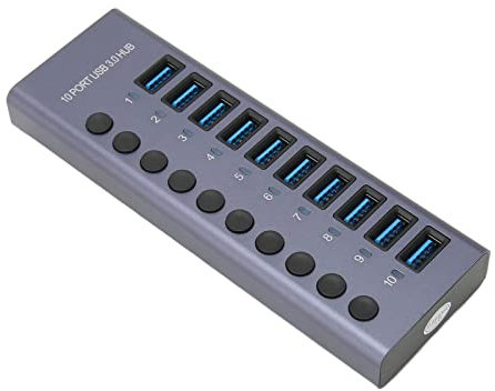 Hub USB 3.0 alimenté, Hub USB 10 Ports 60 W avec Interrupteurs d'alimentation Individuels, Adaptateur Secteur 60 W 12 V 5 A, Station d'accueil USB 3.0 pour Ordinateur Portable et (Prise UE)