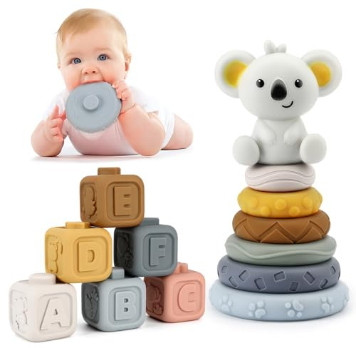 13 Stück Stapelspielzeug mit Ringen und Stapelwürfel, Stapelturm Nistkreis-Spielzeug Squeeze Zahnen Babyspielzeug Früherziehung Spielzeug Geschenke für 6 12 18 Monate Baby Kleinkind Jungen Mädchen