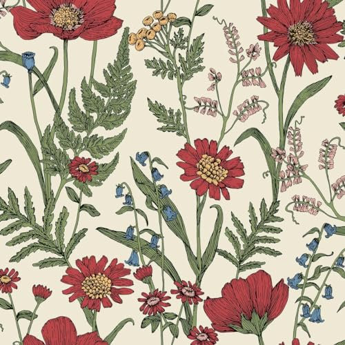 Wild Meadow Cream Red Wallpaper - Floral Flowers Petals Naturistic Blossom Feature Wall - Classic Vintage Paste The Wall