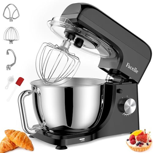 Facelle Batidora Amasadora, 10 Engranajes con Pulso Batidora Amasadora Reposteria, 1300W Amasadora de pan con Bol de Acero inoxidable de 5.5 L, Gancho amasor, Batidor plano y Varillas (Negro)