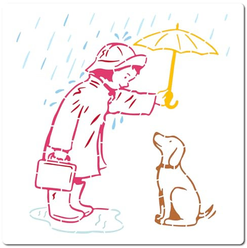 GORGECRAFT 30x30cm Große Banksy-Schablone Regentag-Schablone Frau Und Hund Unter Regenschirm-Muster Wiederverwendbar Zum Zeichnen Basteln Schablone Zum Malen Auf Holz Wand Möbeln Leinwand Heim-DIY