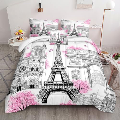 Bedbay Romantisches Paris Queen-Bettwäsche-Set, Motiv: Eiffelturm, rosa Kirschblüten und Blumen, bedruckt, für Mädchen, Teenager, Damen, Valentinstagsdekoration, weiche Mikrofaser (Paris, Queen)