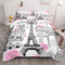 Bedbay Romantisches Paris Queen-Bettwäsche-Set, Motiv: Eiffelturm, rosa Kirschblüten und Blumen, bedruckt, für Mädchen, Teenager, Damen, Valentinstagsdekoration, weiche Mikrofaser (Paris, Queen)